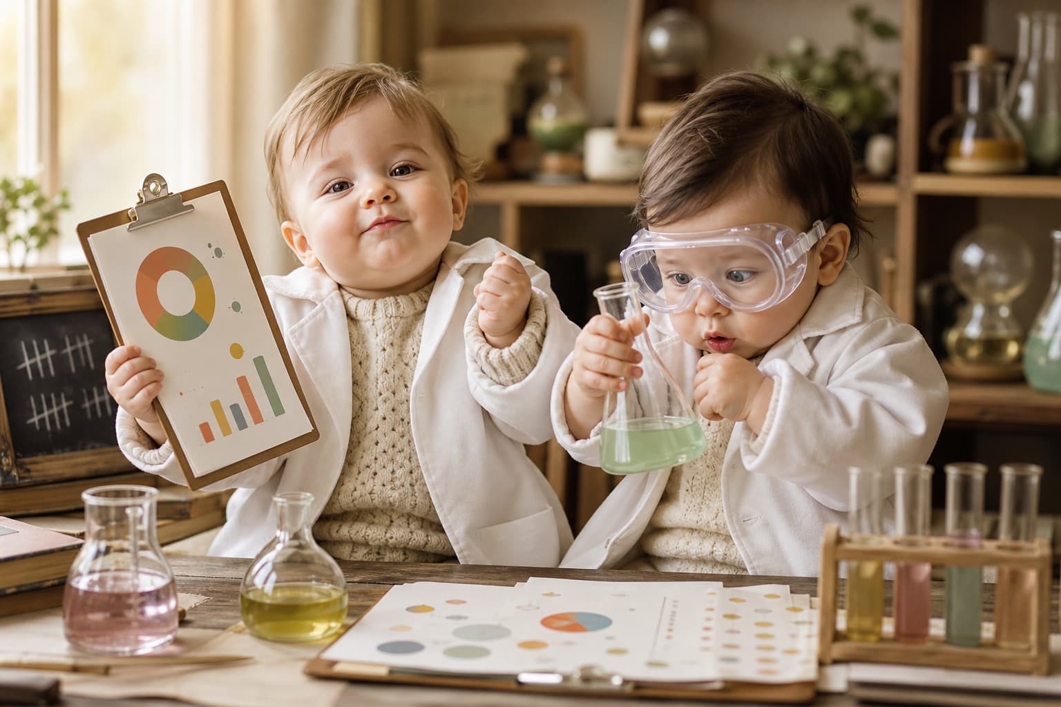 Two babies in lab coats presenting a chart and a laboratory flask.
