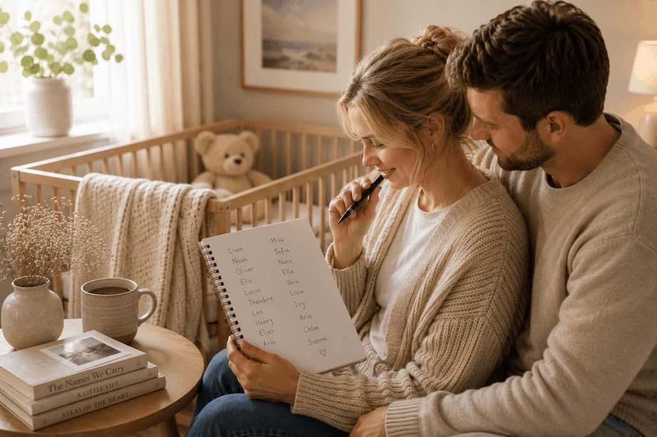 Parents smiling over a notebook of baby names beside a crib.